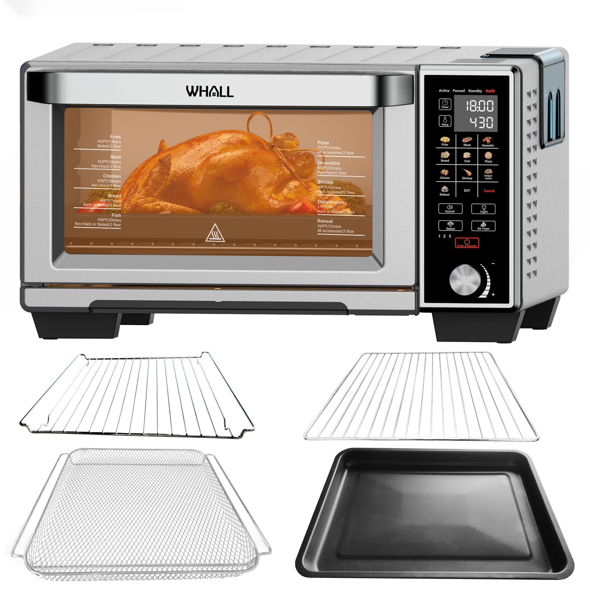 WHALL® Air Fryer Oven - 30QT Stainless Steel Smart Convection Toaster Oven with Steam Function, Touchscreen