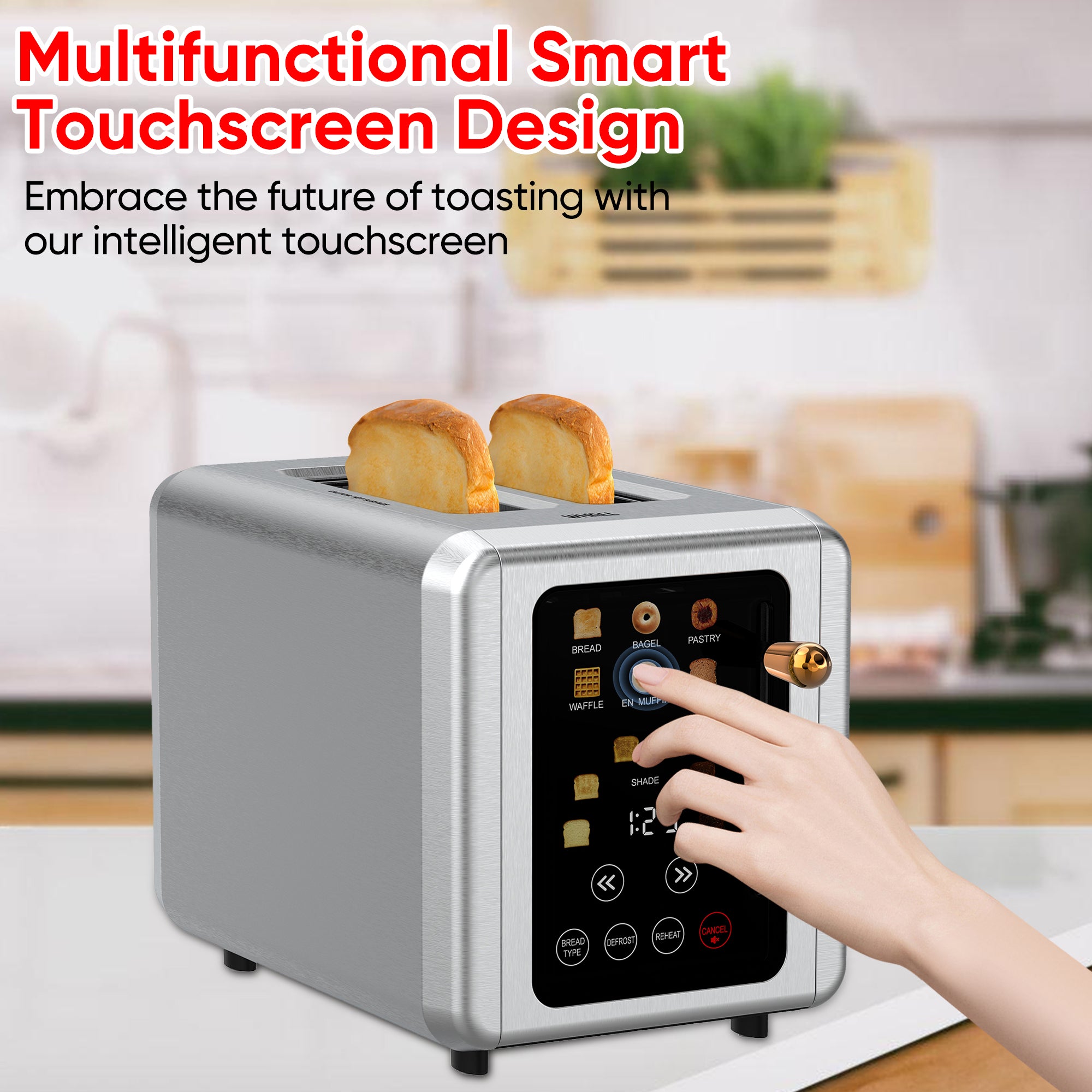 WHALL® 2 Slice Touch Screen Toaster - Stainless Steel Toaster with Wide Slot, 6 Shade Settings, Bagel Function, Removable Crumb Tray